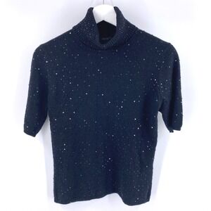 Pure Amici 100% Cashmere‎ Sequin Beaded Short Sleeve Turtleneck Sweater Small